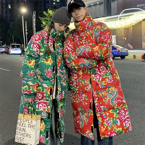 A3长款棉衣外套东北大花风汉服男女宽松保暖防寒棉袄潮情侣装图片