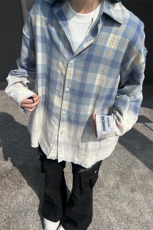 港风大码日系复古渐变刺绣翻领格子长袖衬衫XZ213-CS8811-P60控78，男装衬衫，星座213