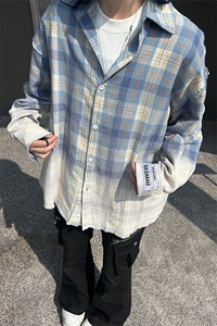 港风大码日系复古渐变刺绣翻领格子长袖衬衫XZ213-CS8811-P60控78图片