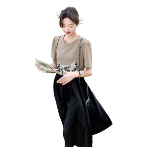 法式碎花拼接假两件套连衣裙女2024夏季新款大码气质收腰显瘦裙子图片