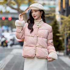 2025年冬季新款新中式羽绒服水貂皮草盘扣提花白鸭绒羽绒服外套，女装羽绒服，贝蕾酷儿