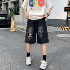 破洞牛仔短裤男夏季美式高街潮牌直筒痞帅休闲五分裤子DK0764-P38，男装牛仔裤，星座308B-1