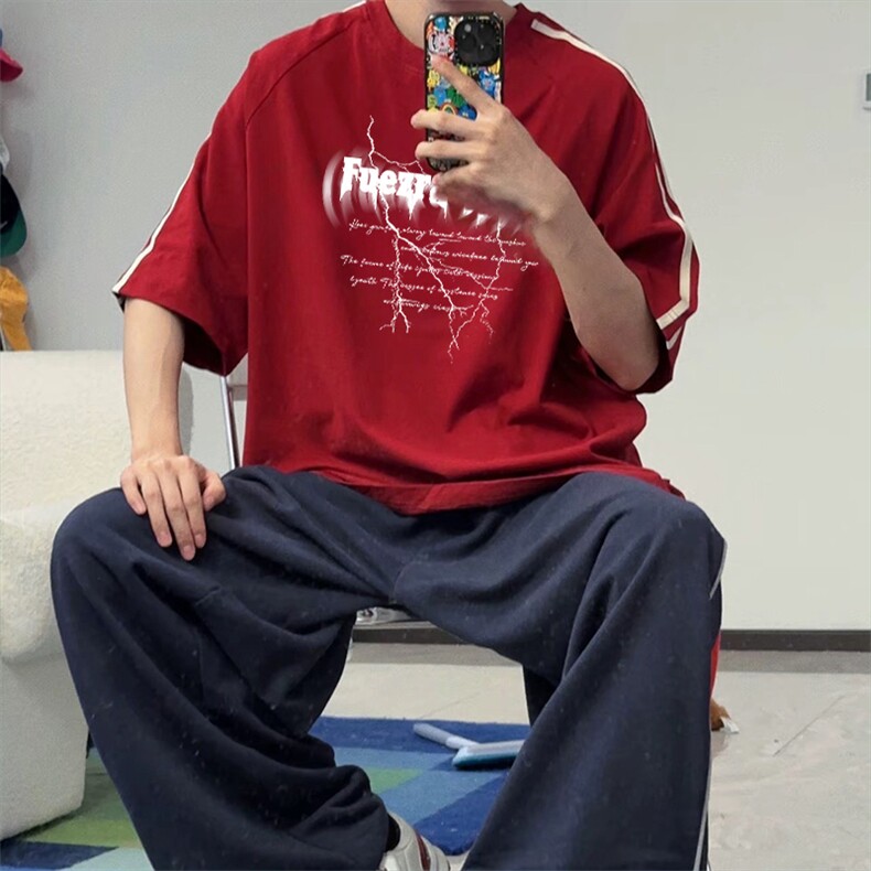 抖音得物高品质二开240克宽松纯棉美式潮牌三条杠织带短袖T恤,男装T恤,电商A486-1