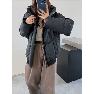 现货5W件冬季三防重磅boxy短款羽绒连帽PU皮棉衣外套防风加厚棉服