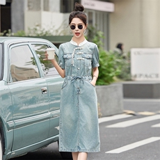 2024夏季新款薄款短袖新中式国风盘扣牛仔连衣裙女中长款立领裙子，女装连衣裙，依路服饰