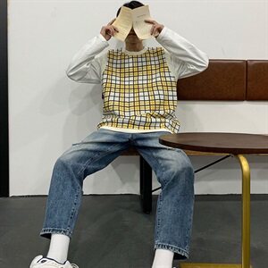 韩版背心男宽松个性格子潮流复古情侣针织马甲毛衣T016-P55,冬天黑色短袖穿搭图片