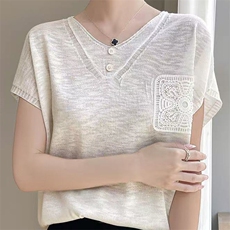 夏季新款竹节麻针织短袖t恤上衣V领设计感洋气休闲显瘦冰丝体恤衫，女装蕾丝衫/雪纺衫，萱芳婷羊绒