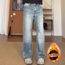 加绒款猫须竹节纹水洗牛仔裤男款休闲百搭直筒微喇长裤NZG603，男装牛仔裤，星座516A