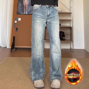 加绒款猫须竹节纹水洗牛仔裤男款休闲百搭直筒微喇长裤NZG603图片