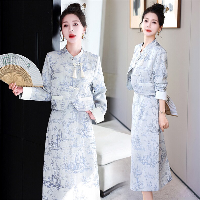 2025春装立领复古盘扣长袖两件套刺绣图案潮流显瘦套装裙，女装套装/套裙，施恩睿棋