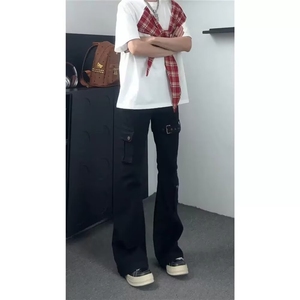 美式高街vibe风黑色绑带微喇工装牛仔裤cleanfit喇叭裤子长裤男潮图片