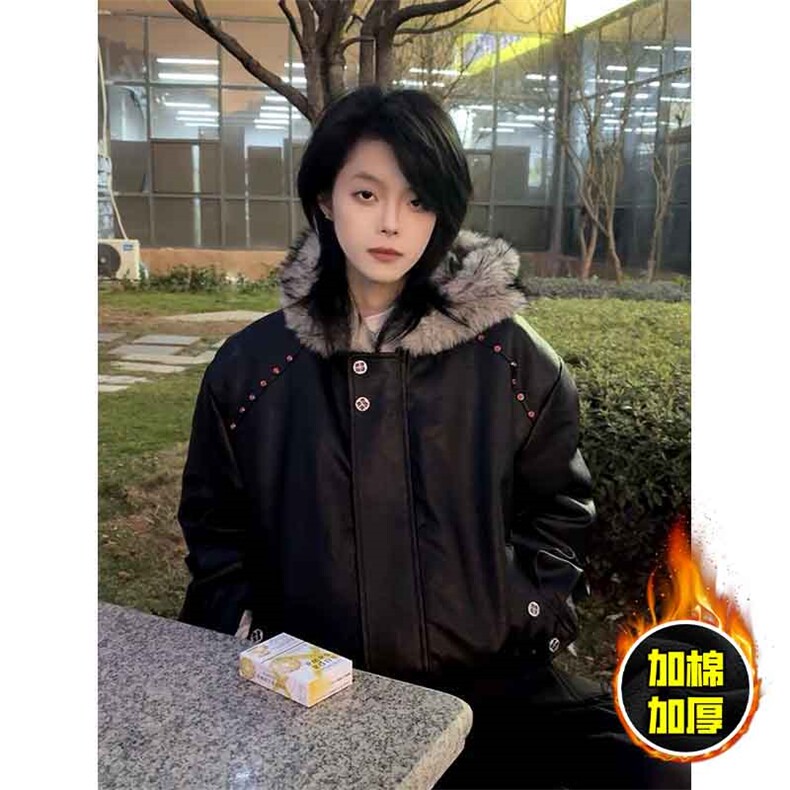 现货冬季美式潮牌痞帅PU皮机车服棉衣毛毛绒狼王座山雕皮棉服,男装棉衣,电商A486-1
