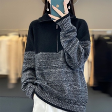 2025年秋季时尚百搭通勤简约休闲半拉链拼接羊毛衫，女装羊毛衫，丽特绒