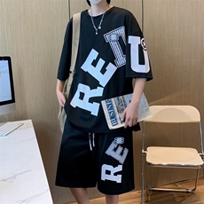 潮牌运动套装男夏季个性休闲时尚休闲帅气宽松短袖T恤短裤两件套，男装T恤，星座1013