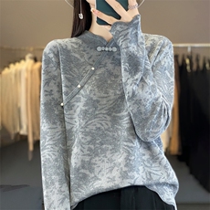 秋冬款新中式精纺羊毛上衣女国风盘扣针织提花旗袍领百搭洋气毛衫，女装羊毛衫，暖烁羊绒