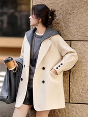 2025年冬季中长款羊毛呢子大衣拼色可脱卸连帽双面羊绒毛呢外套，女装双面呢大衣，简韵佳