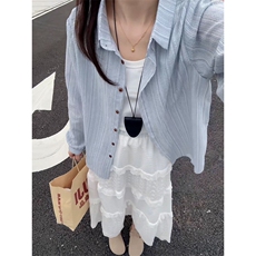 TC582-P45韩版气质竖条纹翻领衬衫女装长袖宽松开衫polo防晒上衣，女装衬衫，星座617A-2