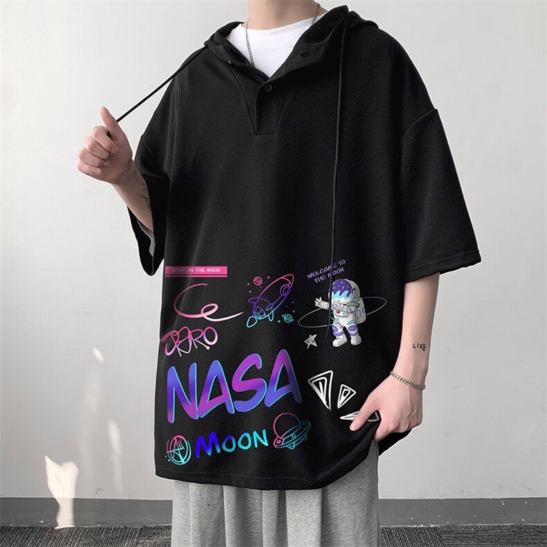 LD54186-P45NASA联名同款连帽短袖t恤男大码胖子带帽五分袖大皂风,男装T恤,电商A040