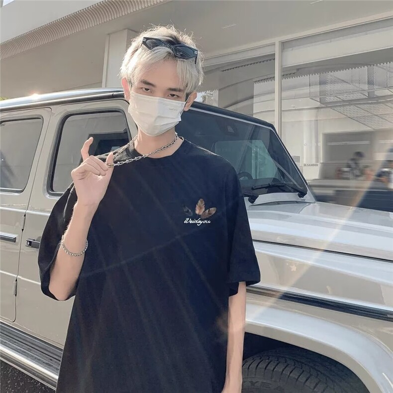 美式复古羽毛印花短袖男女款夏季重磅情侣t恤cleanfit半截袖上衣,男装T恤,星座715-4
