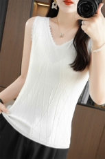 100%纯棉V领女夏季新款百搭无袖吊带背心针织衫纯色花边宽松上衣，女装马甲，秋双羊绒