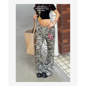 美式复古迷彩微喇卫裤男女宽松嘻哈舞休闲运动裤子 K100图片