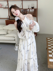 2025年夏季水墨竹叶印花裙大摆裙灯笼袖文艺复古宽松腰，女装连衣裙，诺蝶