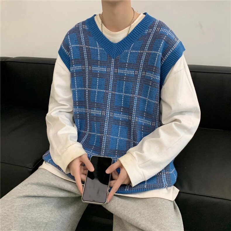 港风复古格子毛衣马甲男女毛衣背心M0122P40,男装背心/马甲,星座1116-2