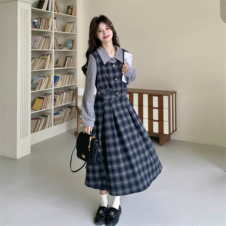 出货春新款格子拼灰色假两件连衣裙2C198-6826-P175K278,女装连衣裙,2C198