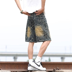 街头设计感痞帅牛仔短裤男士夏五分裤宽松休闲直筒中裤RK2814-P46，男装牛仔裤，星座412-2