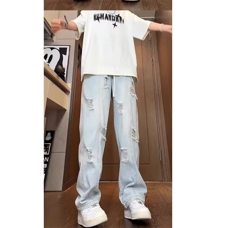 浅蓝色破洞牛仔裤男夏季薄款松紧腰微喇裤大码垂坠感宽松直筒裤子,男装牛仔裤,星座506A
