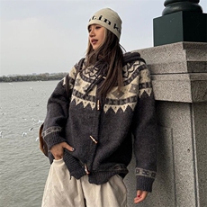 重磅秋冬北极绒开衫毛衣美式复古休闲慵懒风牛角扣针织衫连帽外套，男装针织衫/毛衣，电商A486