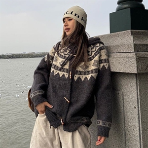 重磅秋冬北极绒开衫毛衣美式复古休闲慵懒风牛角扣针织衫连帽外套