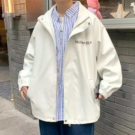 欧美炸街白色皮衣夹克男秋季大码上衣服韩版潮流痞帅高级感外套,男装皮衣,星座1210-1