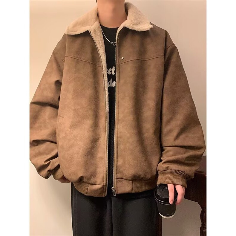 美式复古棕色皮衣外套男秋冬季潮牌高级感夹棉加厚羊羔绒夹克棉衣,男装夹克,星座506A