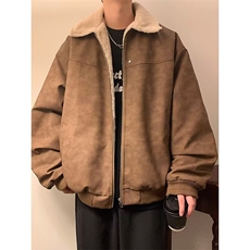 美式复古棕色皮衣外套男秋冬季潮牌高级感夹棉加厚羊羔绒夹克棉衣，男装夹克，星座506A