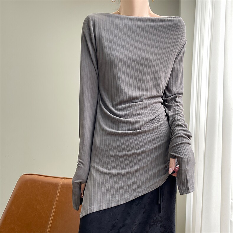 羊范法式优雅设计感醋酸显瘦上衣女一字领坑条修身打底不规则长袖，女装蕾丝衫/雪纺衫，优麦羊绒（原洪叶羊绒）