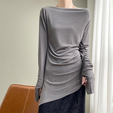 羊范法式优雅设计感醋酸显瘦上衣女一字领坑条修身打底不规则长袖，女装蕾丝衫/雪纺衫，优麦羊绒（原洪叶羊绒）