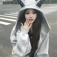抖音得物高品质26春装美式高街铆钉杜宾犬耳朵开衫卫衣外套W125，女装短外套，电商A486-1