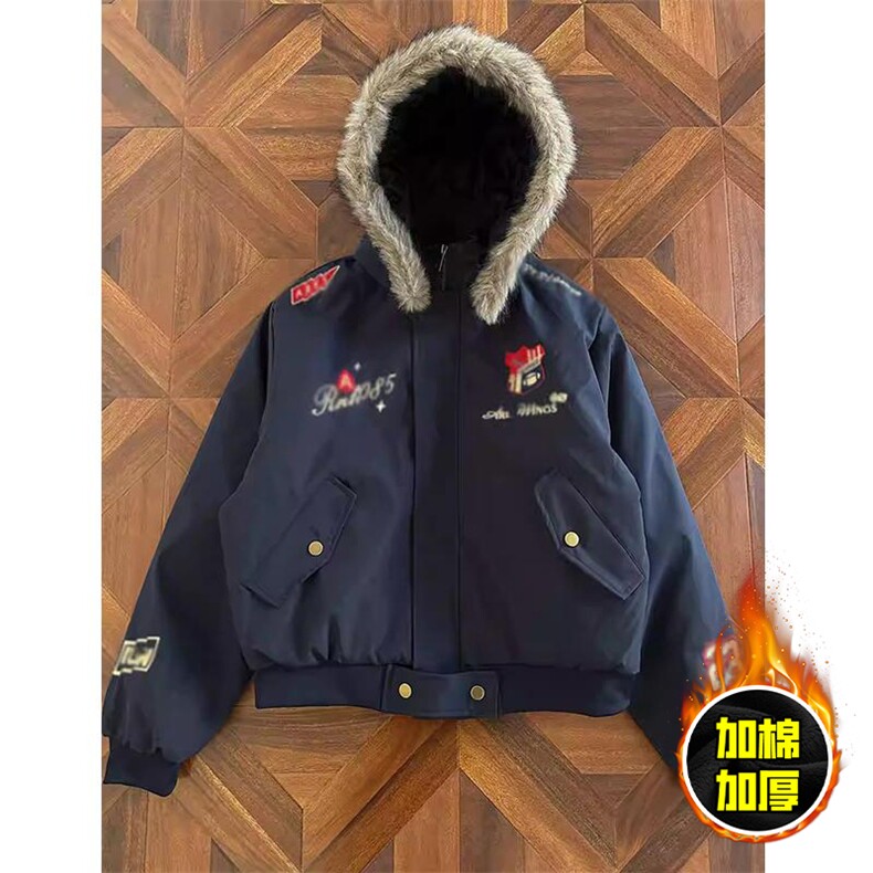 现货高品质美式高街重磅刺绣座山雕大毛毛领棉衣男女加厚棉服外套，男装棉衣，电商A486