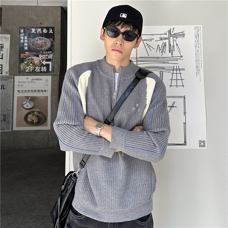2025新款撞色拼接保暖针织衫情侣毛衣外套半拉链针织衫M12855-P78,男装针织衫/毛衣,电商C307