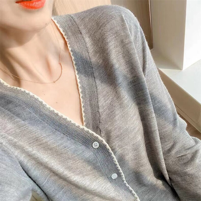 春秋V领拼色精纺羊毛针织开衫女薄款长袖宽松休闲外套毛衣打底衫,女装羊毛衫,圣旺供货