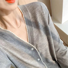 春秋V领拼色精纺羊毛针织开衫女薄款长袖宽松休闲外套毛衣打底衫，女装羊毛衫，圣旺供货