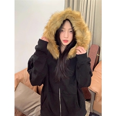 1506-1/WF061/P62复古宽松简约连帽开衫卫衣男女港风情侣毛领上衣，男装卫衣，星座1506-1