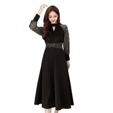 气质晚礼服女冬季长袖宴会高贵黑色长袖小个子年会名媛显瘦中长款，女装连衣裙，潮品会