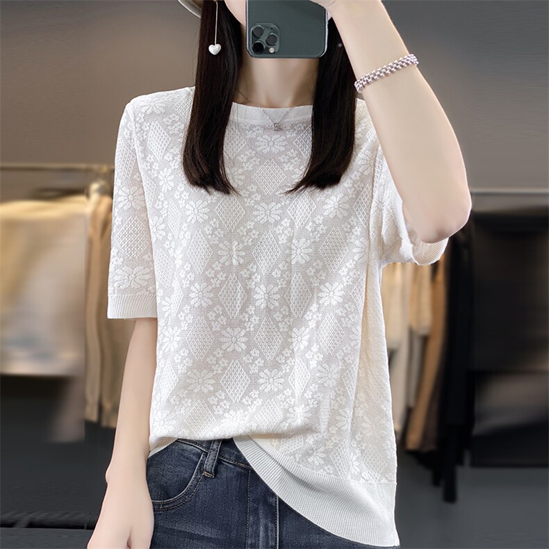 新款简约亲肤针织圆领方片针织短袖基础百搭，女装针织衫/毛衣，欣美羊绒