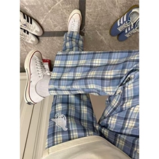春季蓝色格子裤男女新款情侣直筒裤百搭刺绣休闲裤潮牌LN044-p50，男装休闲裤，星座1008