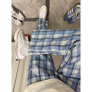 春季蓝色格子裤男女新款情侣直筒裤百搭刺绣休闲裤潮牌LN044-p50图片