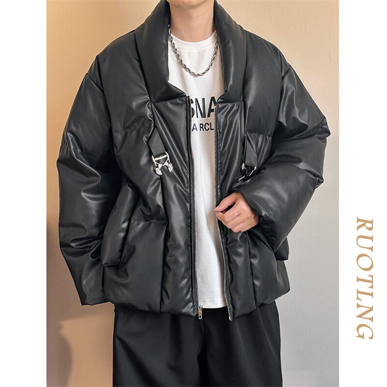 现货-白鸭绒羽绒服外套男潮牌时尚潮流pu皮棉衣外套AM23075-P340，男装棉衣，电商A351