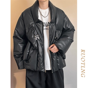 现货-白鸭绒羽绒服外套男潮牌时尚潮流pu皮棉衣外套AM23075-P340