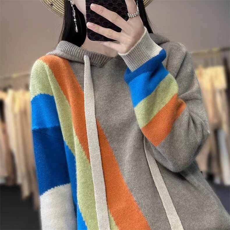 秋冬100%羊毛衫女彩虹条纹加厚宽松带帽连帽卫衣羊绒针织毛衣帽衫，女装羊毛衫，悦玛羊绒